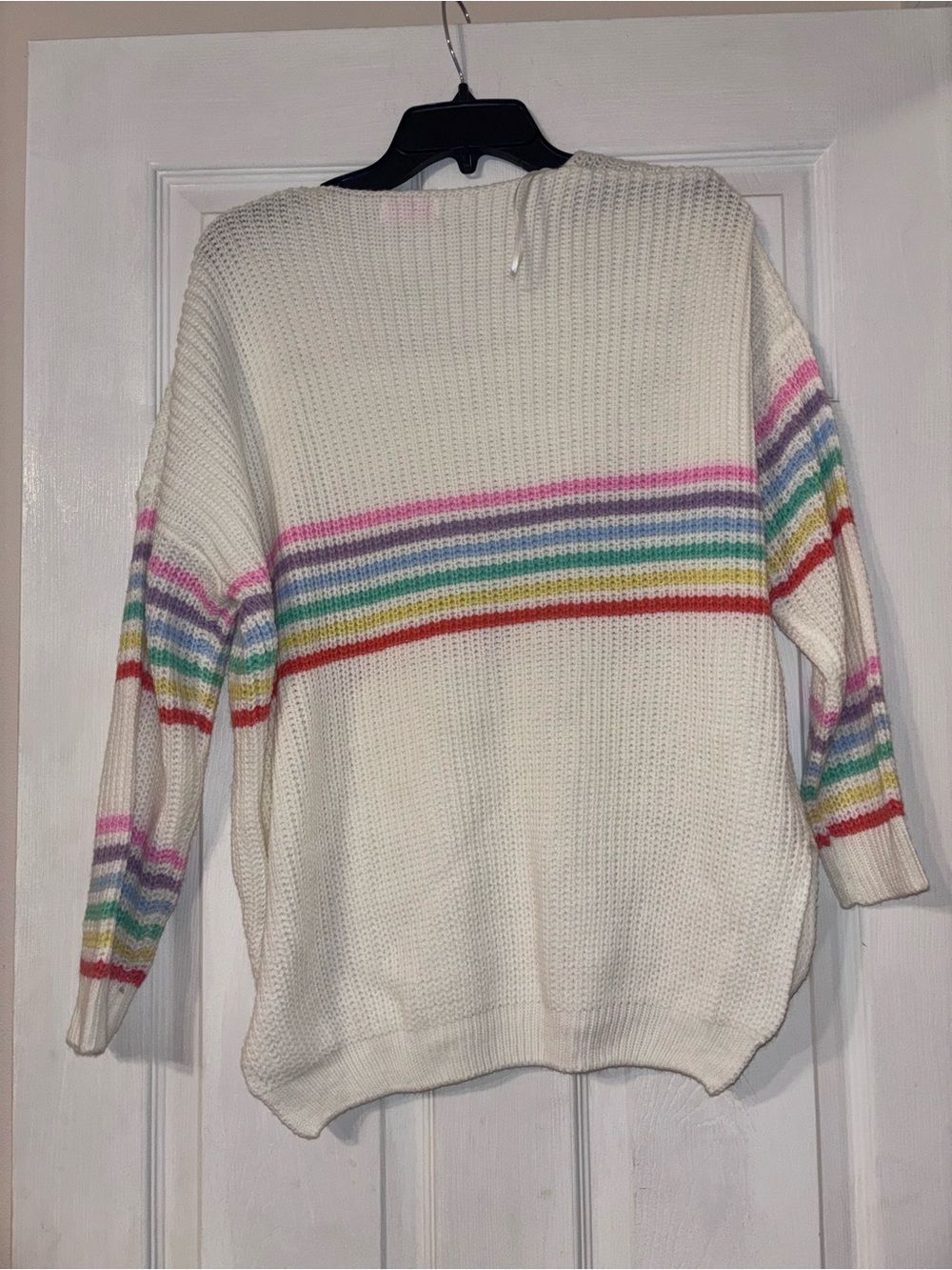 Pink Lily Cream Knit Sweater with Rainbow Stripes